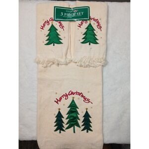 Vtg Cecil Saydah Embroidered Off White Christmas Tree Three Piece‎  Towel Set